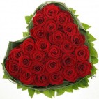 Сердце из 25 роз ГРАН ПРИ. Роза, Зелень. Изысканная композиция из бордовых  роз,выполненная в форме сердца в обрамлении свежей сочной зелени